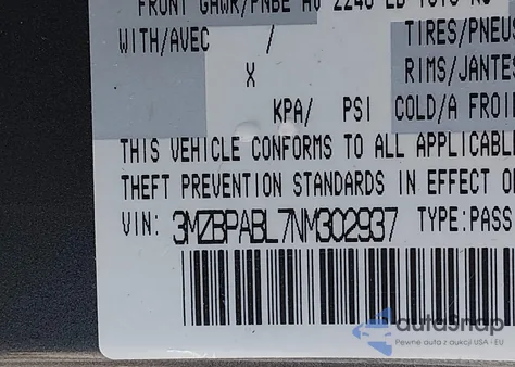 2022 Mazda Mazda3 Select z USA, uszkodzony, nr VIN 3MZBPABL7NM302937